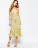 Jarlo Plunge Neck Midi Dress In All Over Lace in yellow. Plunging necklines | deep V neckline | party dresses | occasion wear