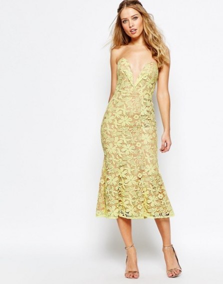 Jarlo Plunge Neck Midi Dress In All Over Lace in yellow. Plunging necklines | deep V neckline | party dresses | occasion wear - flipped