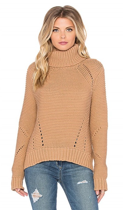 JOE’S JEANS Akasha Sweater in tan – as worn by Emma Roberts out in Los Angeles, 31 January 2016. Celebrity street style | Casual fashion | what celebrities wear | roll neck sweaters | high neck jumpers | knitwear - flipped