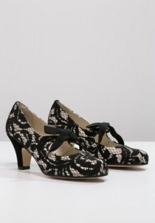 KMB black & nude lace vintage style Mary Janes. Mary Jane shoes ~ 1920s style footwear ~ 20s look mid heels ~ tie front ~ bow detail - flipped