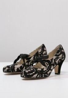 KMB black & nude lace vintage style Mary Janes. Mary Jane shoes ~ 1920s style footwear ~ 20s look mid heels ~ tie front ~ bow detail