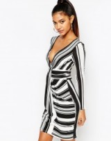 Lipsy Long Sleeve Fitted Bodycon Dress in mono. black and white | monochrome stripes | plunge front party dresses | going out glamour | deep V neckline | plunging necklines | evening fashion