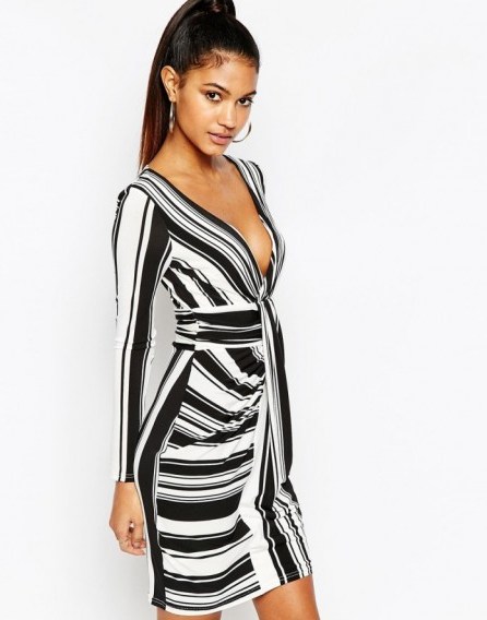Lipsy Long Sleeve Fitted Bodycon Dress in mono. black and white | monochrome stripes | plunge front party dresses | going out glamour | deep V neckline | plunging necklines | evening fashion - flipped