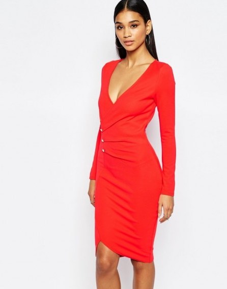 Lipsy Ruched Front Pencil Dress With Button Detail in red. Plunge front party dresses | low cut necklines | plunging neckline | evening glamour | fitted going out dresses | asymmetric hem - flipped