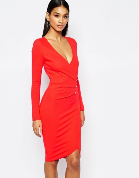 Lipsy Ruched Front Pencil Dress With Button Detail in red. Plunge front party dresses | low cut necklines | plunging neckline | evening glamour | fitted going out dresses | asymmetric hem
