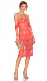 LOVERS + FRIENDS Breathless Midi Dress ~ coral lace dresses ~ off the shoulder ~ occasion fashion