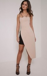 nude double strap asymmetric bodycon dress ~ pale pink party dresses ~ evening glamour ~ going out fashion ~ follow the trend ~ pretty little thing