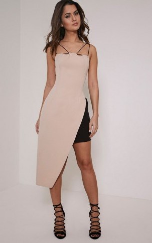 nude double strap asymmetric bodycon dress ~ pale pink party dresses ~ evening glamour ~ going out fashion ~ follow the trend ~ pretty little thing - flipped