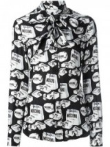 MOSCHINO shopping bag print blouse in black and white – as worn by Nicky Hilton at the Jeremy Scott Winter 2016 fashion show during New York Fashion Week, 15 February 2016. Celebrity fashion | star style | printed shirts | pussy bow blouses | what celebrities wear