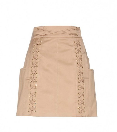 BALMAIN Cotton miniskirt – beige tones – front lace design – casual luxe – spring fashion – designer clothing - flipped