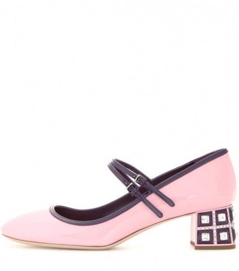 MIU MIU Embellished Mary Jane patent leather pumps ~ designer Mary Janes ~ mid heel shoes ~ candy pink ~ luxury accessories ~ luxe style footwear - flipped