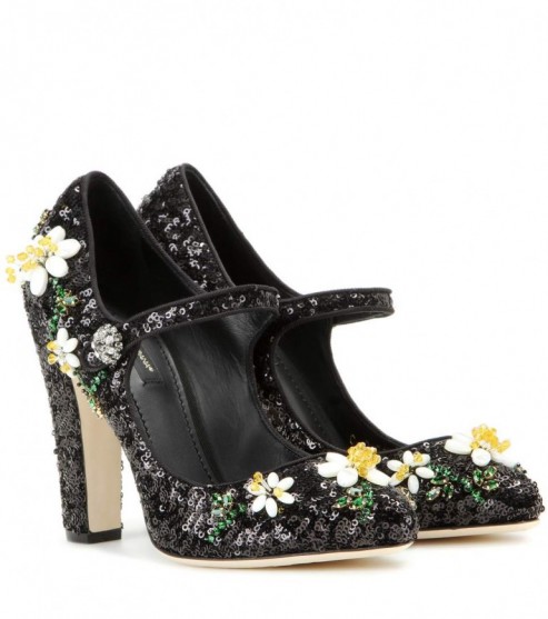 DOLCE & GABBANA Embellished Mary Jane pumps ~ floral embellishments ~ designer Mary Janes ~ luxury high heels ~ luxe style footwear