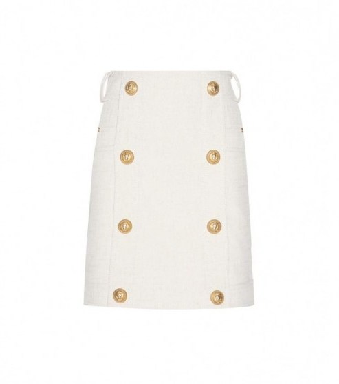 BALMAIN Embellished skirt – spring fashion – cream skirts – casual luxe – designer clothing – front gold buttons - flipped