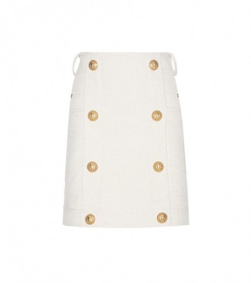BALMAIN Embellished skirt – spring fashion – cream skirts – casual luxe – designer clothing – front gold buttons