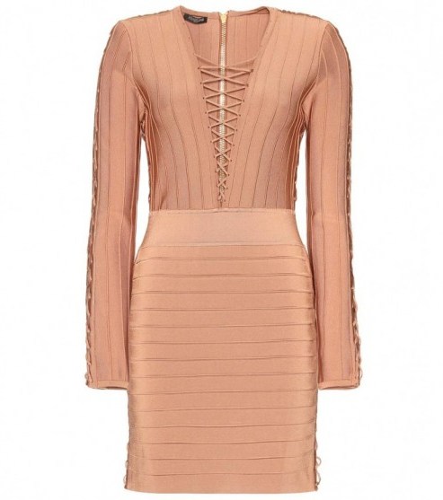 BALMAIN Lace-up bandage dress – designer dresses – lace up front – bodycon – luxe style – luxury fashion – occasion – tan tones - flipped