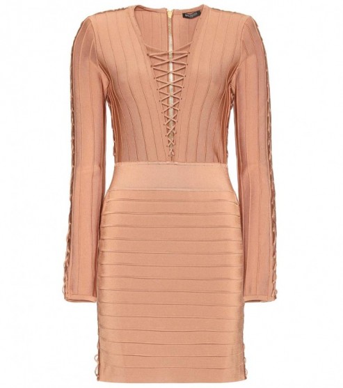 BALMAIN Lace-up bandage dress – designer dresses – lace up front – bodycon – luxe style – luxury fashion – occasion – tan tones