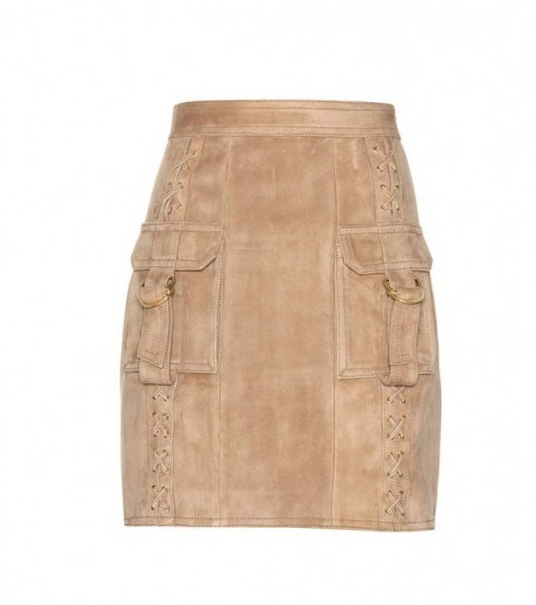 BALMAIN Suede miniskirt – light brown tones – luxe style skirts – designer fashion – front cargo pockets – luxury clothes - flipped
