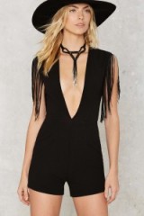 Nasty Gal Fringe in High Places Plunging Romper. Black plunge front rompers | deep V necklines | low cut playsuits | going out fashion