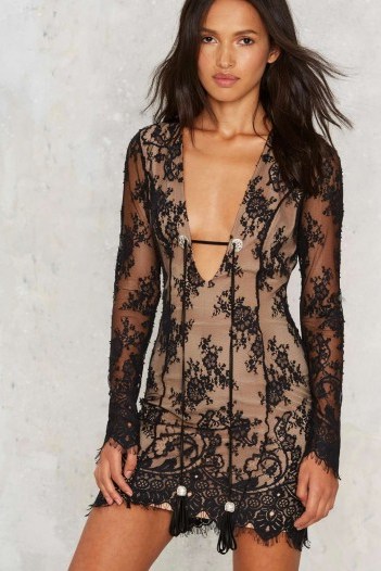 Nasty Gal Lace Wrangler Plunging Dress black with nude lining. Plunge front dresses | deep V necklines | low cut neckline | going out fashion - flipped