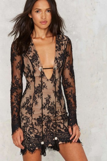 Nasty Gal Lace Wrangler Plunging Dress black with nude lining. Plunge front dresses | deep V necklines | low cut neckline | going out fashion