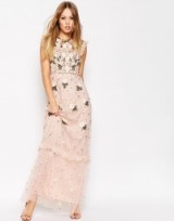 This dress is perfect for a spring or summer wedding…beautiful! Needle & Thread Floral Frill Embellished Maxi Dress blossom pink – bead embellishments – beaded bridal gowns – frill overlay – long empire line dresses – 70s style flower child