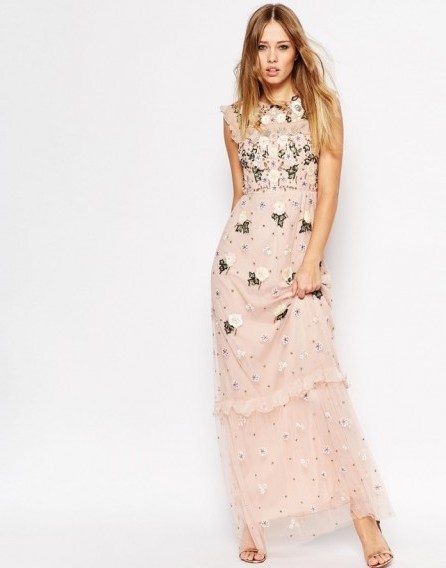 This dress is perfect for a spring or summer wedding…beautiful! Needle & Thread Floral Frill Embellished Maxi Dress blossom pink – bead embellishments – beaded bridal gowns – frill overlay – long empire line dresses – 70s style flower child - flipped