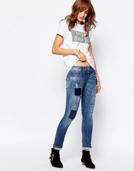 Pepe Jeans Patchwork Slim Jean With Roll Hem. blue denim jeans | skinny pants | casual fashion | weekend wear - flipped