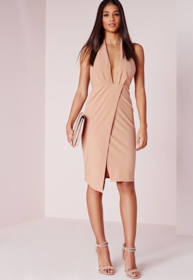 MISSGUIDED – plunge midi dress in nude. Party dresses – deep v necklines – eveningwear – asymmetric hemline – going out fashion - flipped