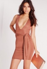 MISSGUIDED – plunge tie waist bodycon dress in pink. Party dresses | going out fashion | plunging necklines – deep v neckline – evening glamour