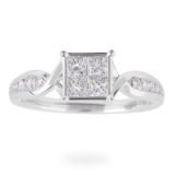 GOLDSMITHS – Princess Cut 0.75 Carat Total Weight Diamond Cluster Ring with Diamond Set Shoulders in 18 Carat White Gold. Engagement rings | diamond jewellery | square shaped diamonds