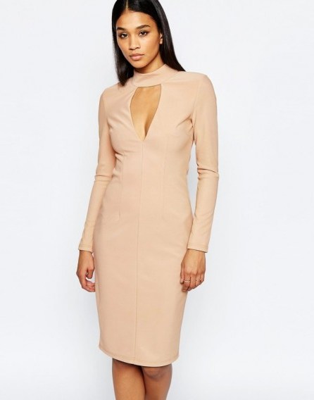 Rare London Plunge High Neck Bodycon Dress in nude. Plunging necklines | going out dresses | deep V necklines | low cut neckline | fitted fashion - flipped