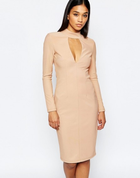 Rare London Plunge High Neck Bodycon Dress in nude. Plunging necklines | going out dresses | deep V necklines | low cut neckline | fitted fashion