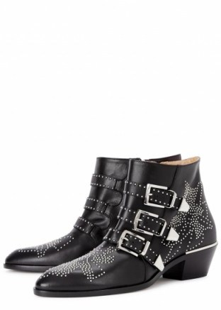 CHLOÉ Susannah studded leather ankle boots in black – as worn by Emma Roberts out in Los Angeles, 31 January 2016. Celebrity street style | casual fashion | what celebrities wear | designer footwear - flipped