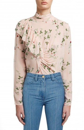 TOPSHOP Unique Hortensia Floral Print Silk Blouse in light pink. Flower printed blouses | ruffled shirts | high neck tops | fashion - flipped