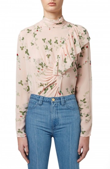 TOPSHOP Unique Hortensia Floral Print Silk Blouse in light pink. Flower printed blouses | ruffled shirts | high neck tops | fashion