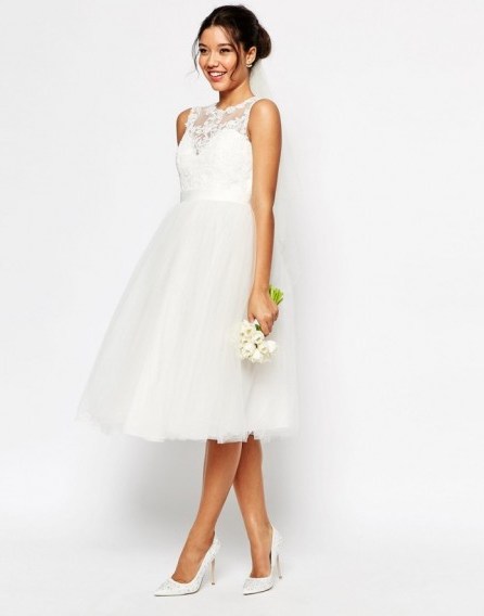 ASOS BRIDAL Lace Sweetheart Tutu Midi Dress white. fit and flare – short style wedding dresses - flipped
