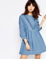 ASOS Denim Smock Dress with Ruffle Detail in Mid Blue. Day dresses | Spring/summer style fashion