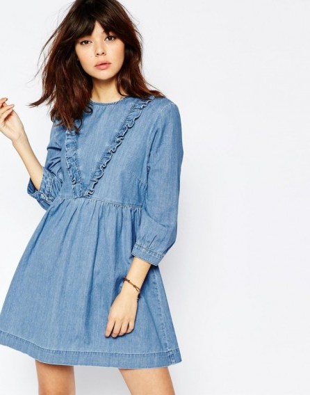 ASOS Denim Smock Dress with Ruffle Detail in Mid Blue. Day dresses | Spring/summer style fashion - flipped