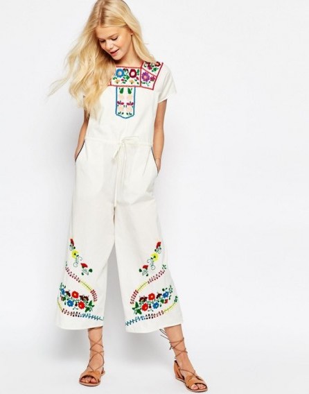 ASOS Embroidered Drawstring Jumpsuit cream. Summer jumpsuits – holiday fashion – embroidery – cropped leg - flipped