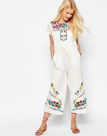 ASOS Embroidered Drawstring Jumpsuit cream. Summer jumpsuits – holiday fashion – embroidery – cropped leg
