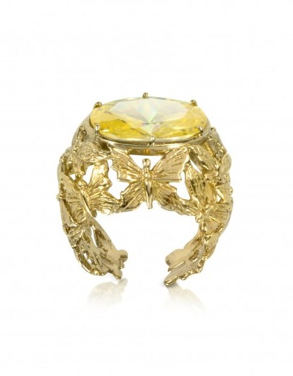 BERNARD DELETTREZ Bronze Dome Ring w/Butterflies and Yellow Cubic Zirconia ~ bling rings ~ designer fashion jewellery - flipped