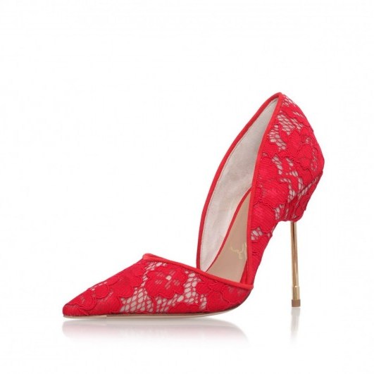 Kurt Geiger London – BOND red high heel court shoes. High heels – lace fabric courts – high heeled pumps - flipped