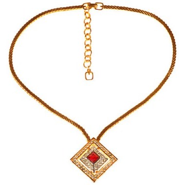 Alice Joseph Vintage 1980s Grosse Square Pendant Chain Necklace, Gold/Red. Retro jewellery – Henkel & Grosse 80s necklaces – costume jewelry – red & white glass stones - flipped
