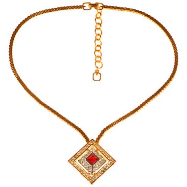 Alice Joseph Vintage 1980s Grosse Square Pendant Chain Necklace, Gold/Red. Retro jewellery – Henkel & Grosse 80s necklaces – costume jewelry – red & white glass stones