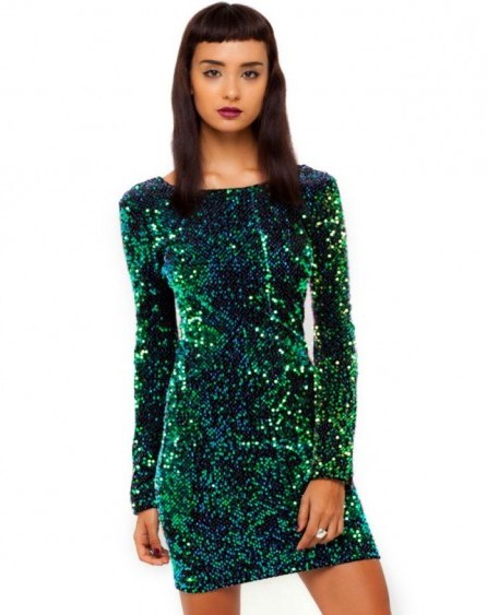 MOTEL DELUXE Gabby Sequin Plunge Back Dress in Iridescent Green. Embellished mini dresses – party dresses – evening style – going out fashion – Motel Rocks - flipped