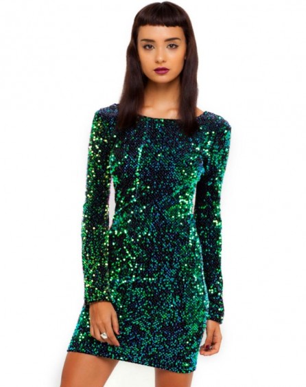MOTEL DELUXE Gabby Sequin Plunge Back Dress in Iridescent Green. Embellished mini dresses – party dresses – evening style – going out fashion – Motel Rocks
