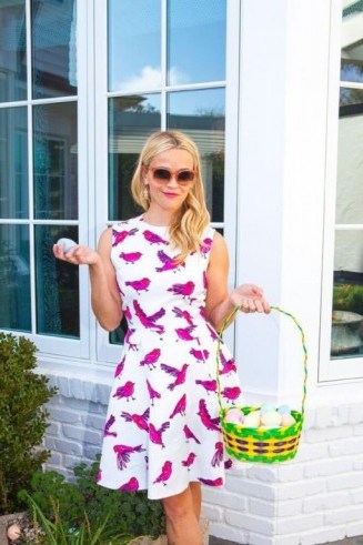 Reese Witherspoon Easter 2016, wearing her Tennessee Tweet fit and flare dress from draperjames.com. - flipped