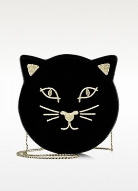 CHARLOTTE OLYMPIA Pussycat Black Velvet Purse. Designer handbags – cats – shoulder bags - flipped