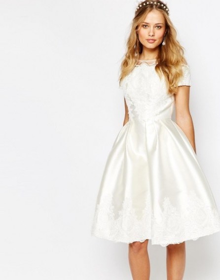 Chi Chi London Bridal Midi Dress with Embroidery and Cap Sleeve cream. Vintage style bridal dresses – fit and flare – short style wedding gowns - flipped