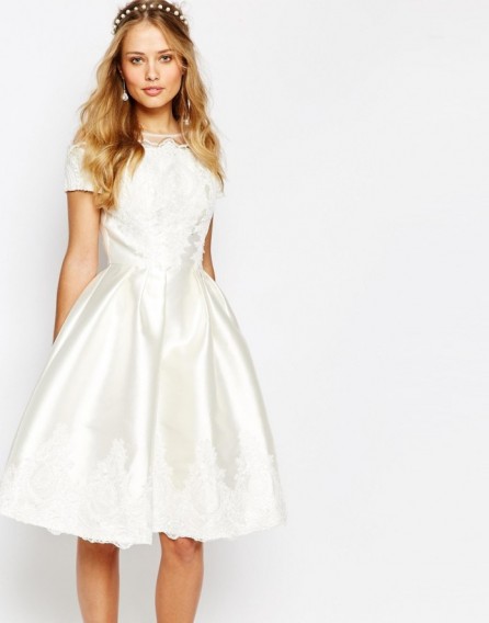Chi Chi London Bridal Midi Dress with Embroidery and Cap Sleeve cream. Vintage style bridal dresses – fit and flare – short style wedding gowns